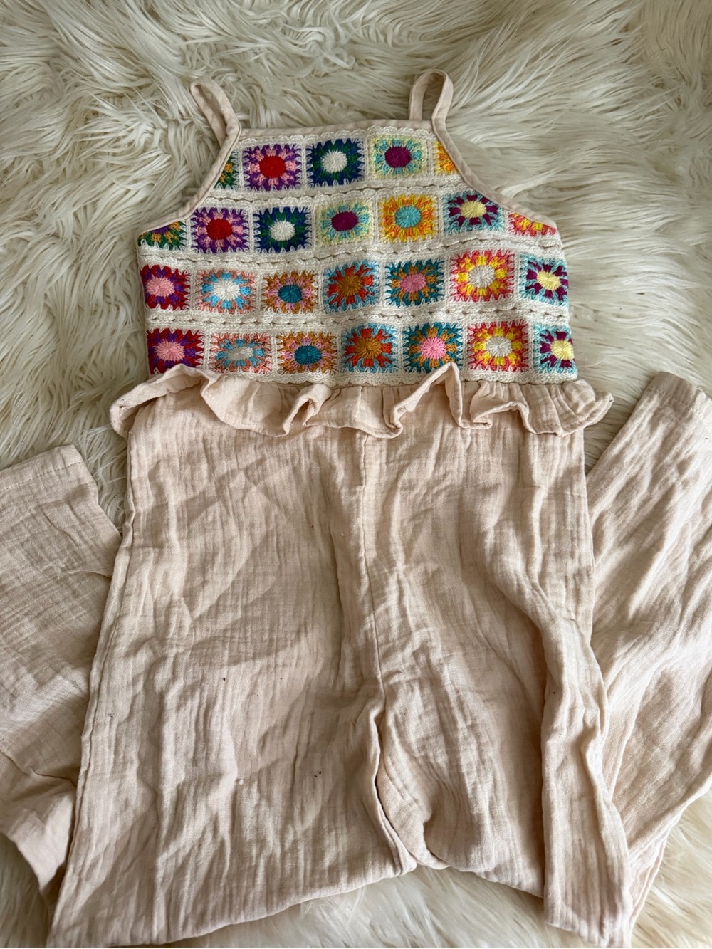 Girls Boho Crochet-Panel Cream Jumpsuit